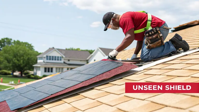 A construction worker installs black underlayment and light brown shingles on a residential roof.