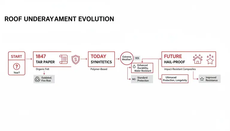 Flowchart illustrating the evolution of roof underlayment from 1847 tar paper to today's synthetics and future hail-proof composites.