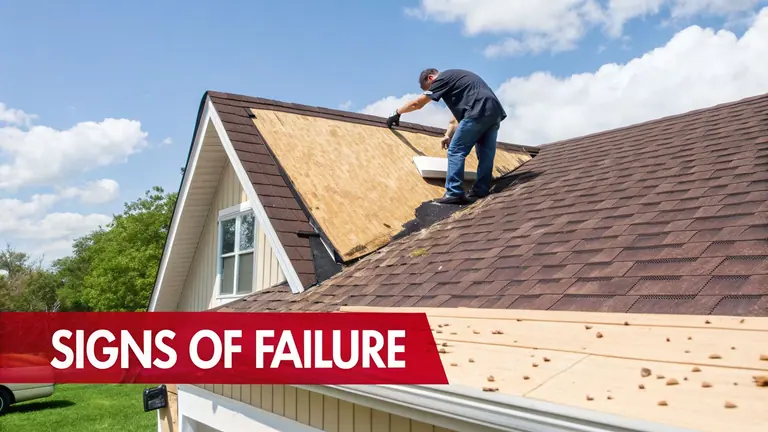 Roofer inspecting exposed roof underlayment and brown shingles on a house on a sunny day.