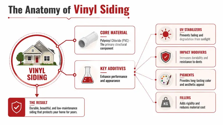 An infographic titled The Anatomy of Vinyl Siding showing its primary material and various chemical additives.