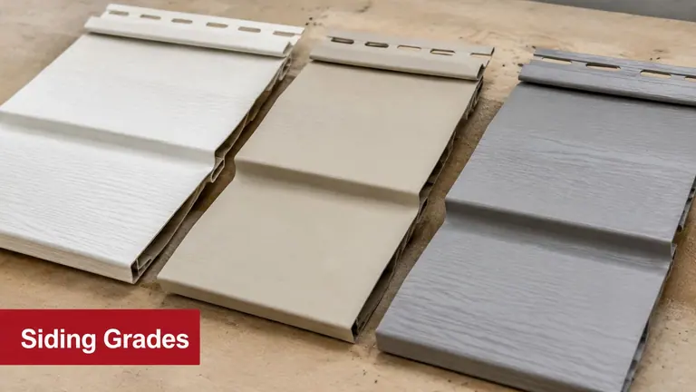 Three different colors and styles of vinyl siding samples displayed side by side on a workbench.