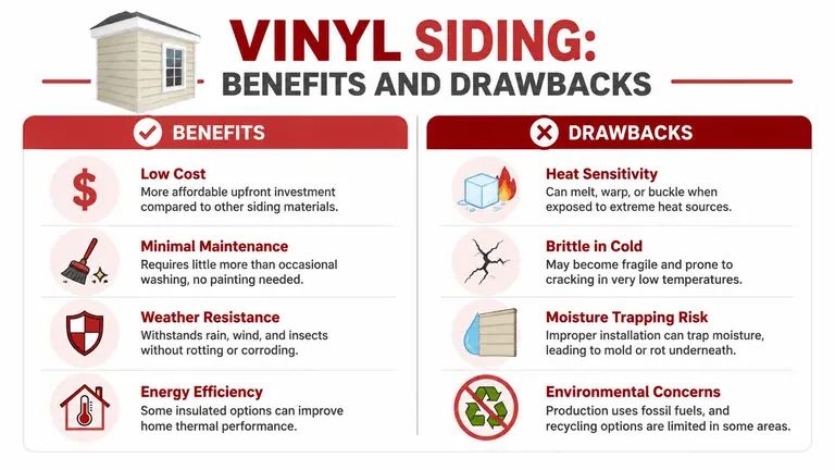 An infographic titled Vinyl Siding: Benefits and Drawbacks outlining pros and cons of this material.