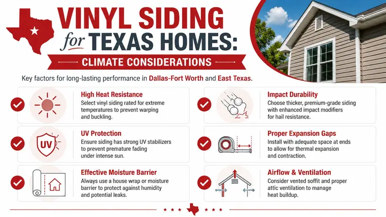 An infographic detailing six essential climate considerations for choosing and installing vinyl siding on Texas homes.