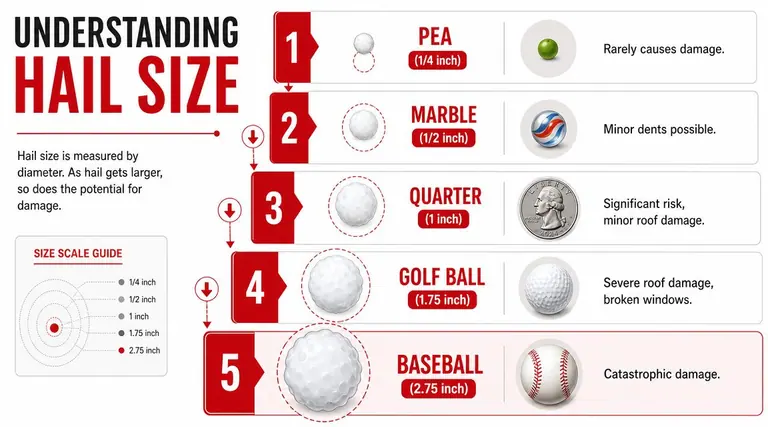 A chart comparing different hailstone sizes to common objects and their potential for causing property damage.