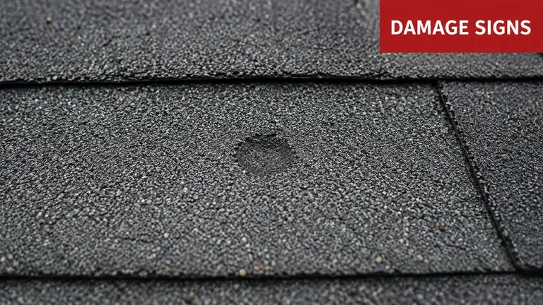 A close-up view of an asphalt roof shingle showing a circular indentation caused by hail damage.
