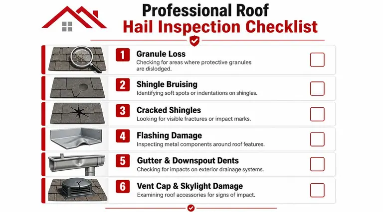 A professional roof hail inspection checklist featuring six common signs of roof damage to look for.