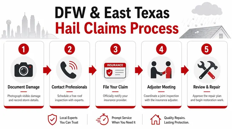 A five-step infographic showing the DFW and East Texas hail damage claims and roof repair process.