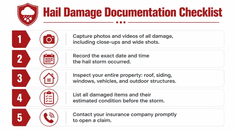A five-step checklist for documenting hail damage to homes and property, presented in a clean, visual guide.