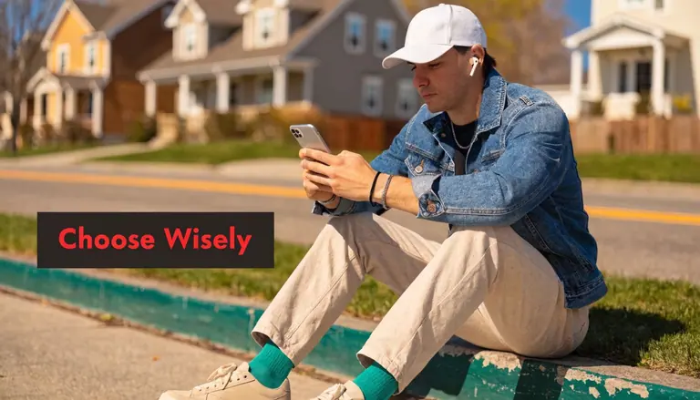 A young man wearing a white cap sits on a curb, using his smartphone outdoors.