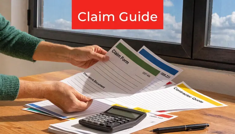 A person reviewing insurance claim forms and a contractor quote at a wooden desk with a calculator.