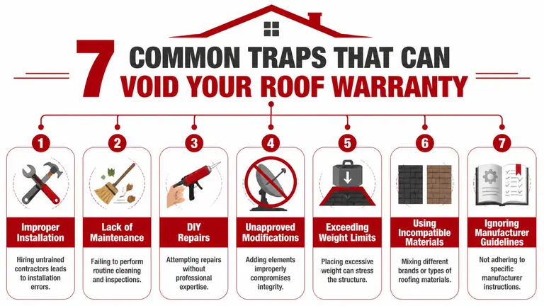 An infographic illustrating seven common actions that can void a residential roof warranty.