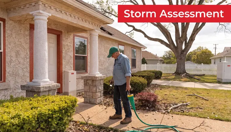 A man in a denim shirt inspects storm damage around a residential home during a storm assessment.