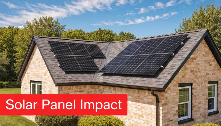 A brick house featuring modern solar panels installed on the roof under a clear blue sky.
