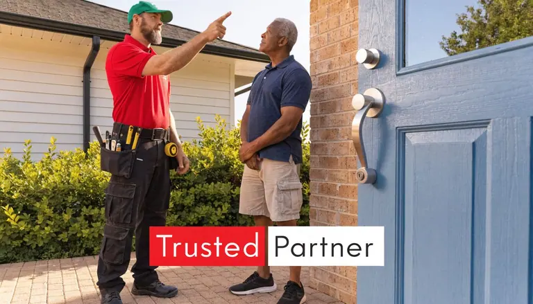 A professional contractor in a red shirt points towards a roof while consulting with a homeowner.