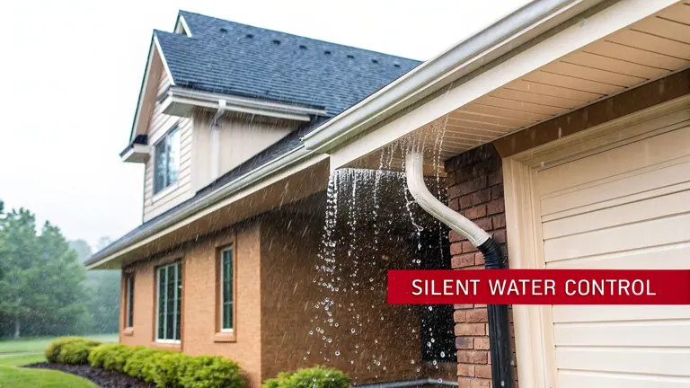 Rainwater overflowing heavily from a house gutter system during a downpour, demonstrating water control.