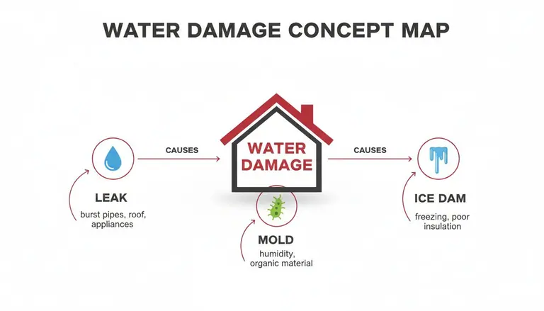 A concept map illustrating the causes of water damage, including leaks, ice dams, and the resulting mold.