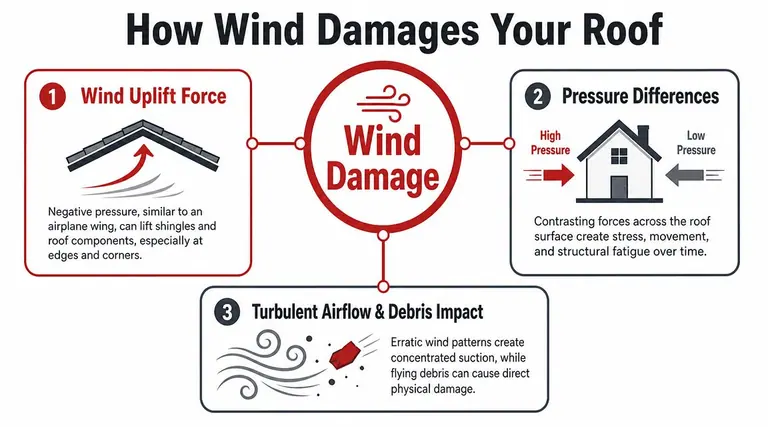 An infographic illustrating three main ways that wind causes damage to residential roofing systems.
