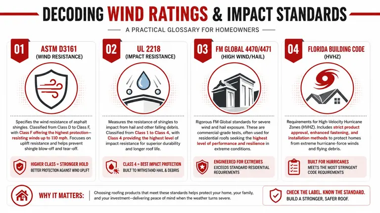 An infographic titled Decoding Wind Ratings and Impact Standards explaining four key roofing safety certification standards.
