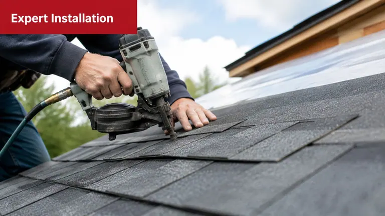 A professional roofer using a pneumatic nail gun to install black shingles on a residential roof.