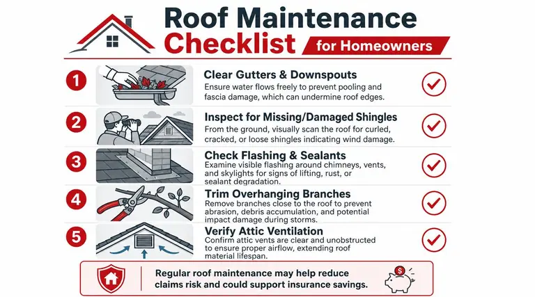 A five-step infographic guide detailing essential home roof maintenance tasks for homeowners to ensure longevity.