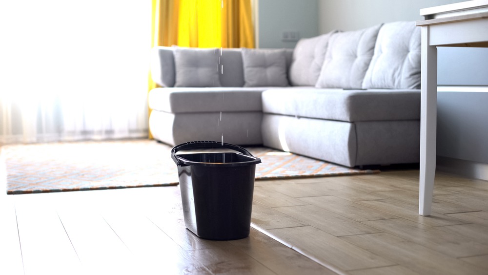 a black bucket sitting on the wood floor under a leak coming from the ceiling due to roof damage