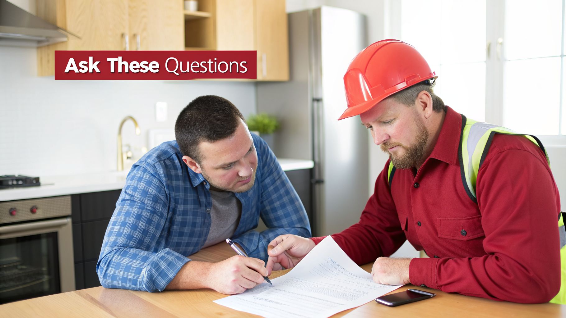 Contractor and client review and sign repair documents in a home kitchen.