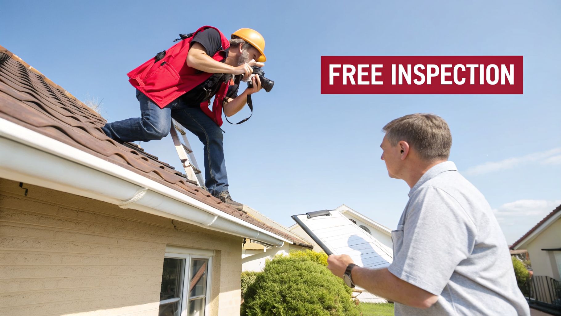 A roofer in a hard hat inspects a house roof with a camera, observed by a homeowner, advertising a free inspection.