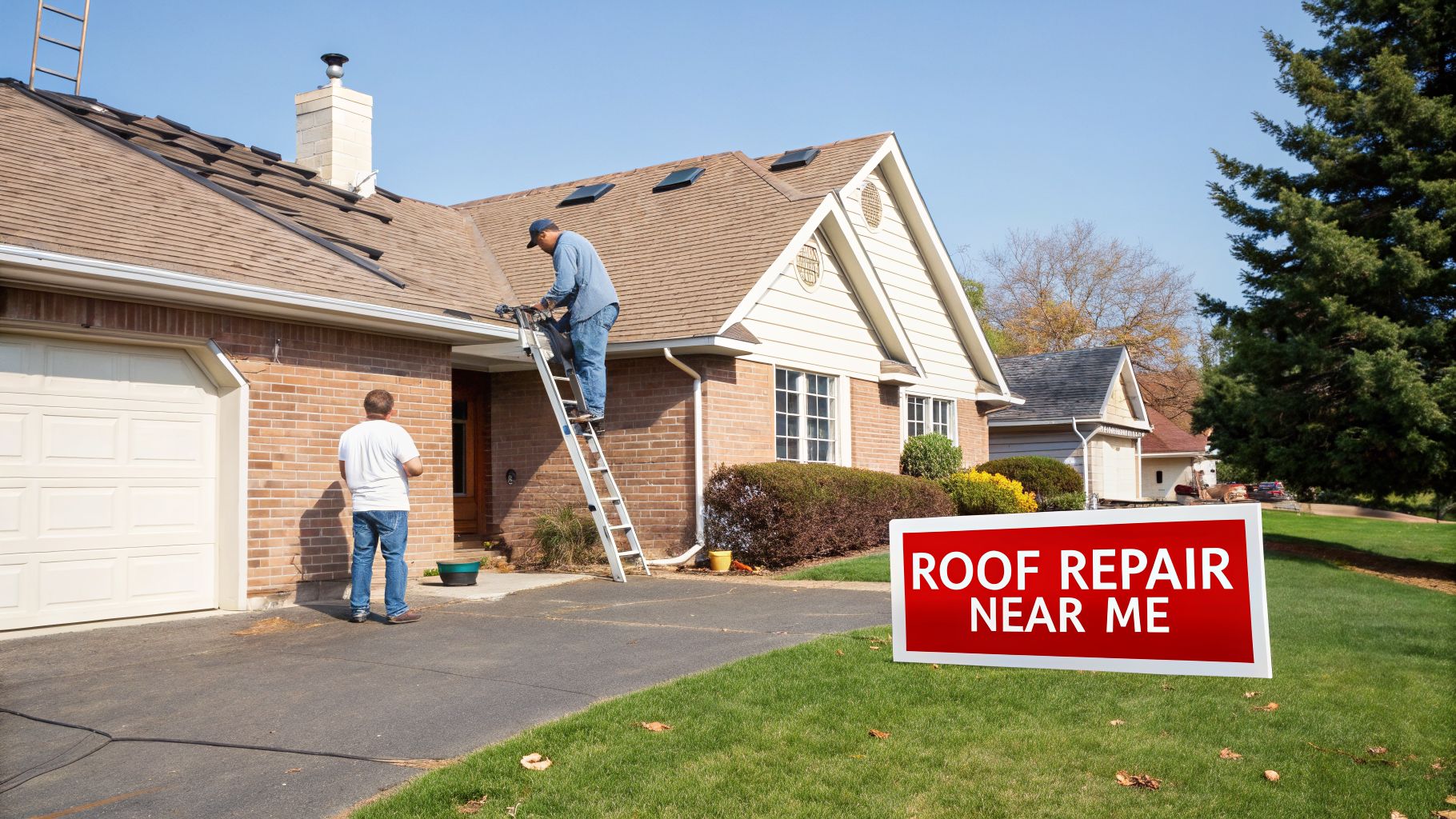 Two men are repairing a house roof and gutters, with one on a ladder and a 'Roof Repair Near Me' sign in the yard.