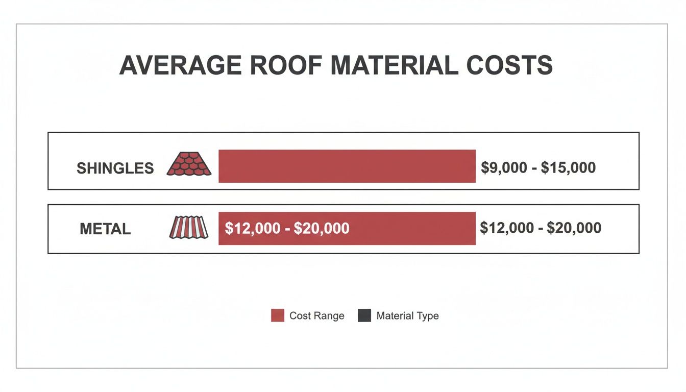 Infographic showing average material costs for shingles ($9,000-$15,000) and metal roofs ($12,000-$20,000).