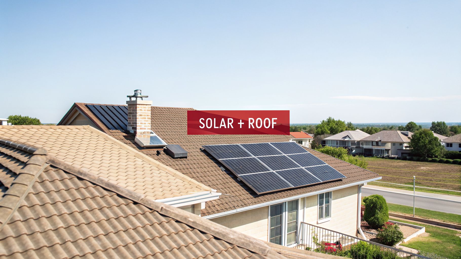 An aerial view of a house with solar panels on a brown tiled roof, under a clear sky.
