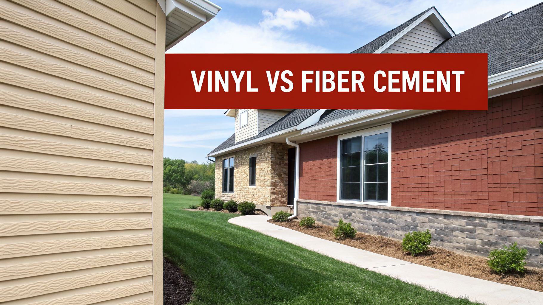 A house showcasing two types of siding, comparing beige vinyl and red fiber cement on a sunny day.