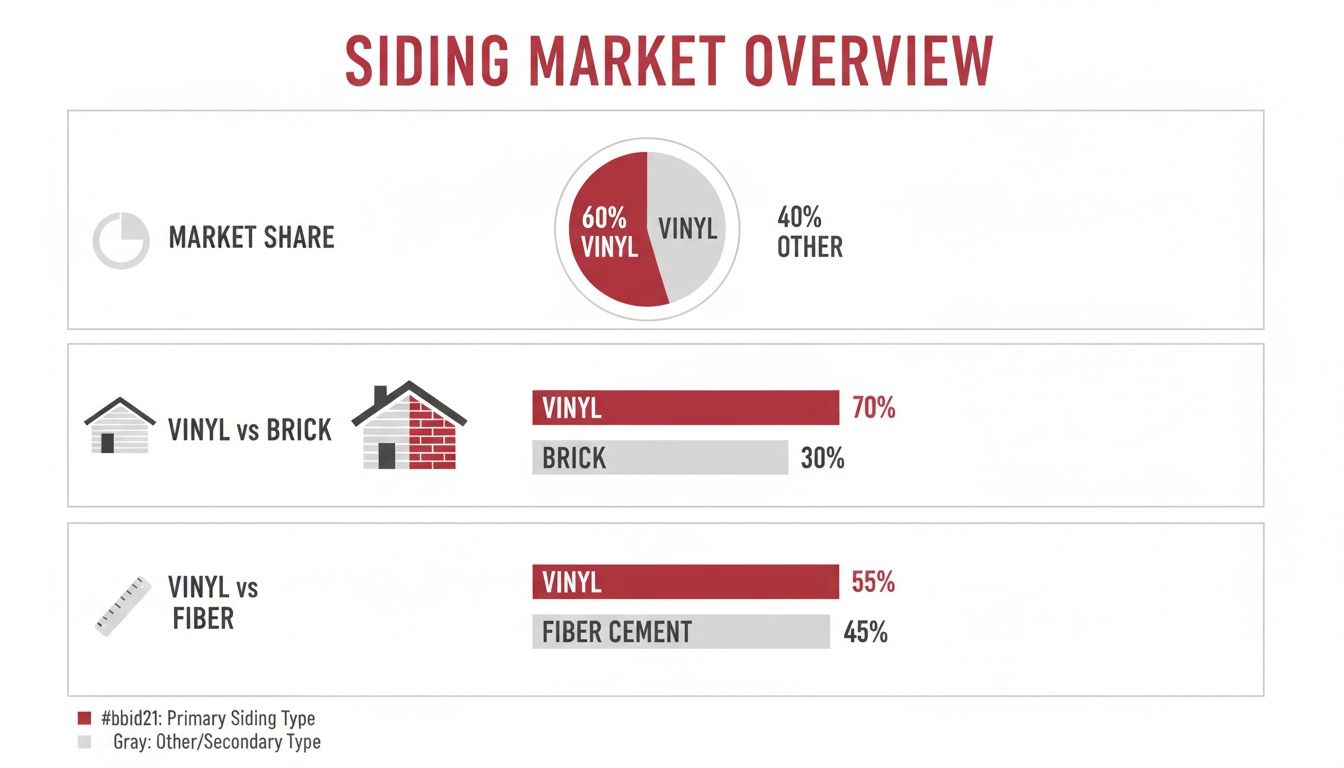Infographic comparing vinyl siding market share with other types like brick and fiber cement, showing percentages.