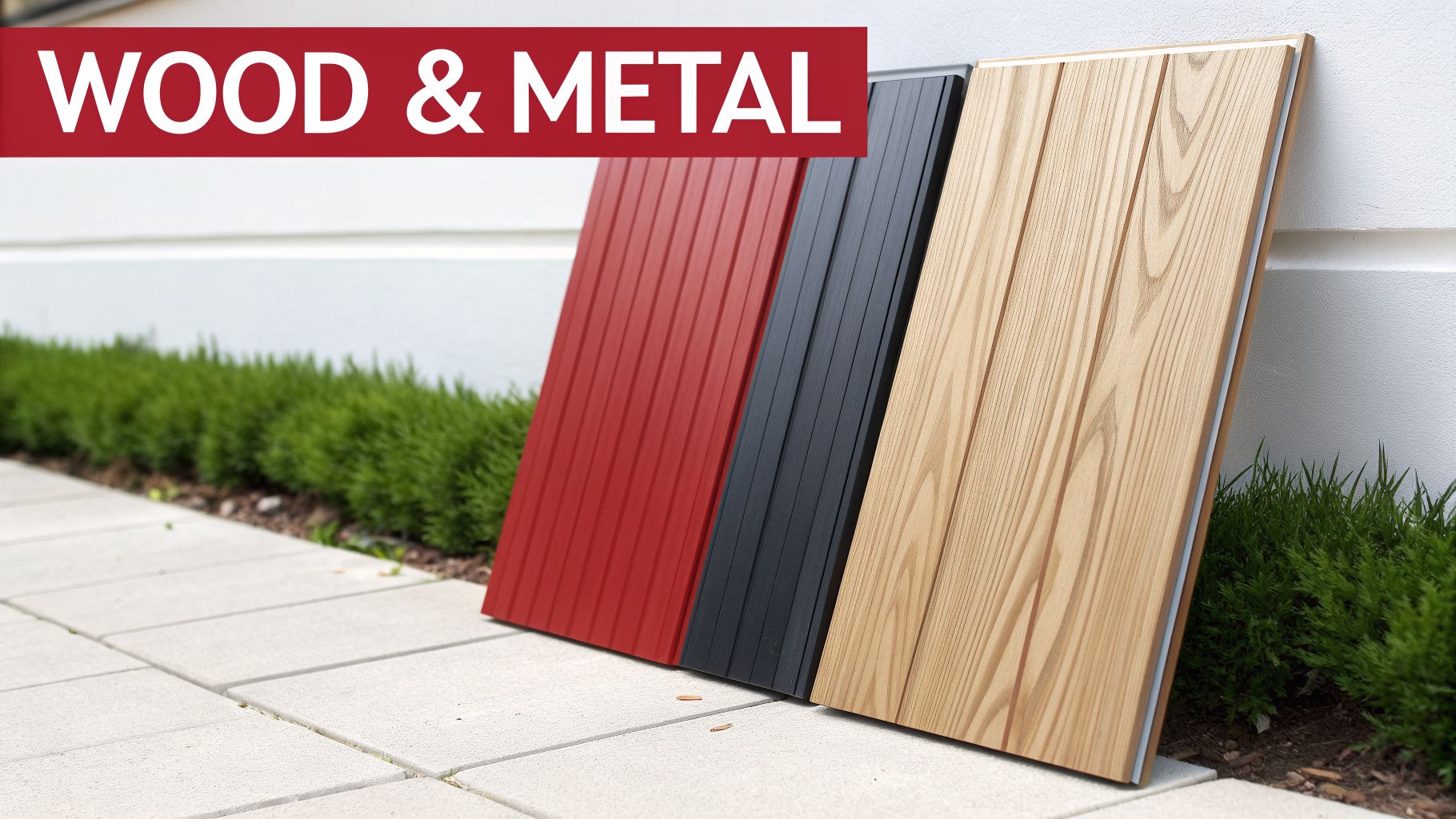 Three sample panels of wood and metal siding, in red, black, and natural wood, leaning against a white wall.