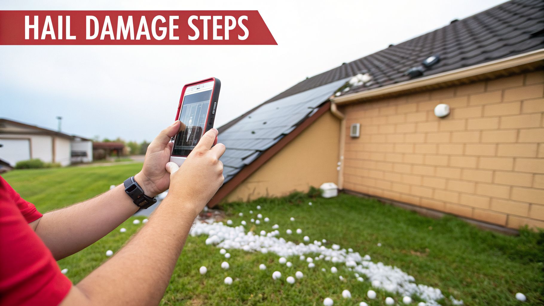 Person taking photo of a house with a damaged roof, solar panels, and hail on the lawn.