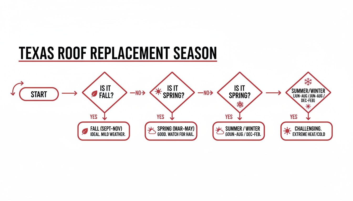 A flowchart detailing the best seasons for roof replacement in Texas, considering weather and challenges.