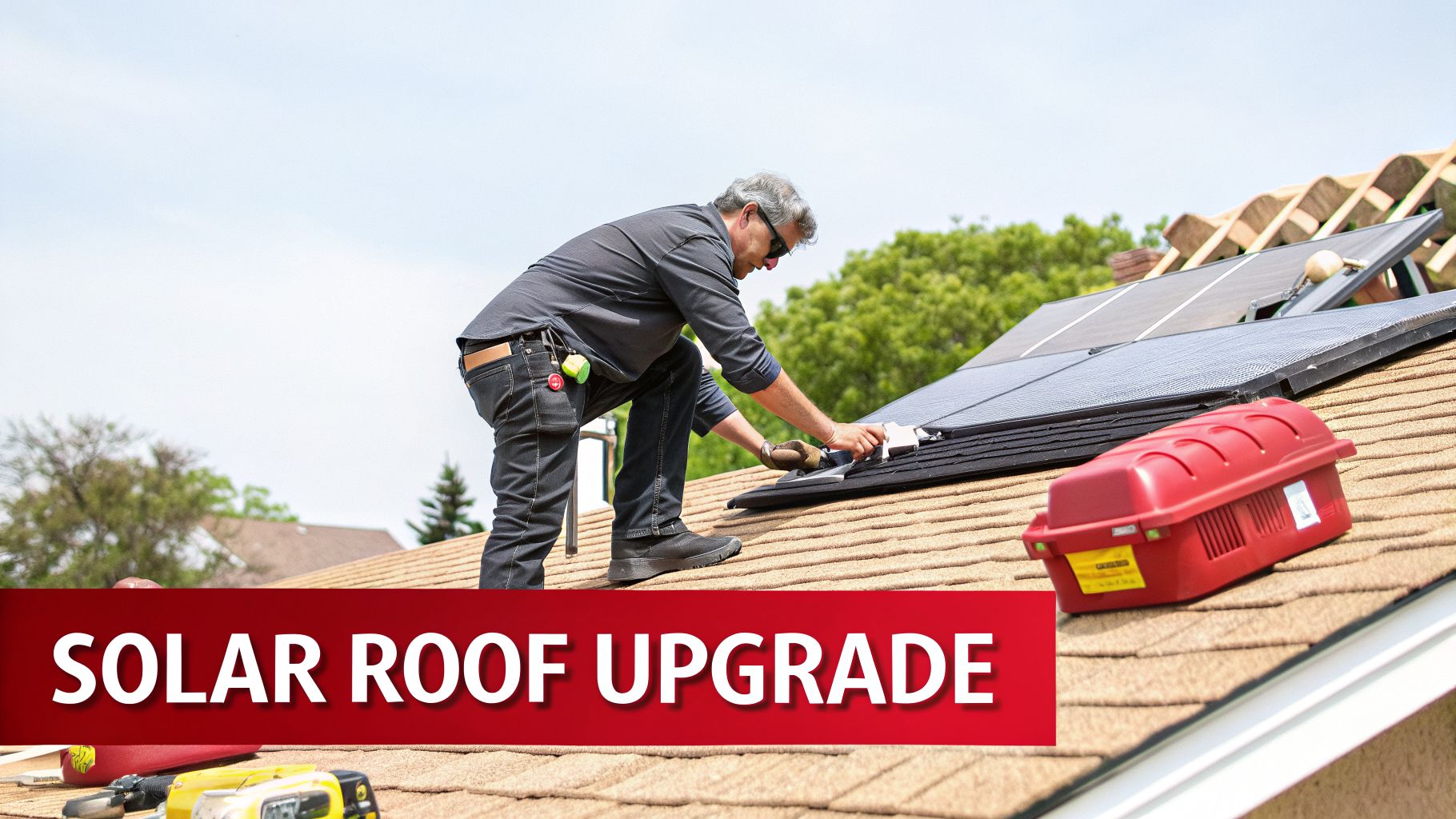 A man installs new solar panels on a brown shingle roof under a bright sky.