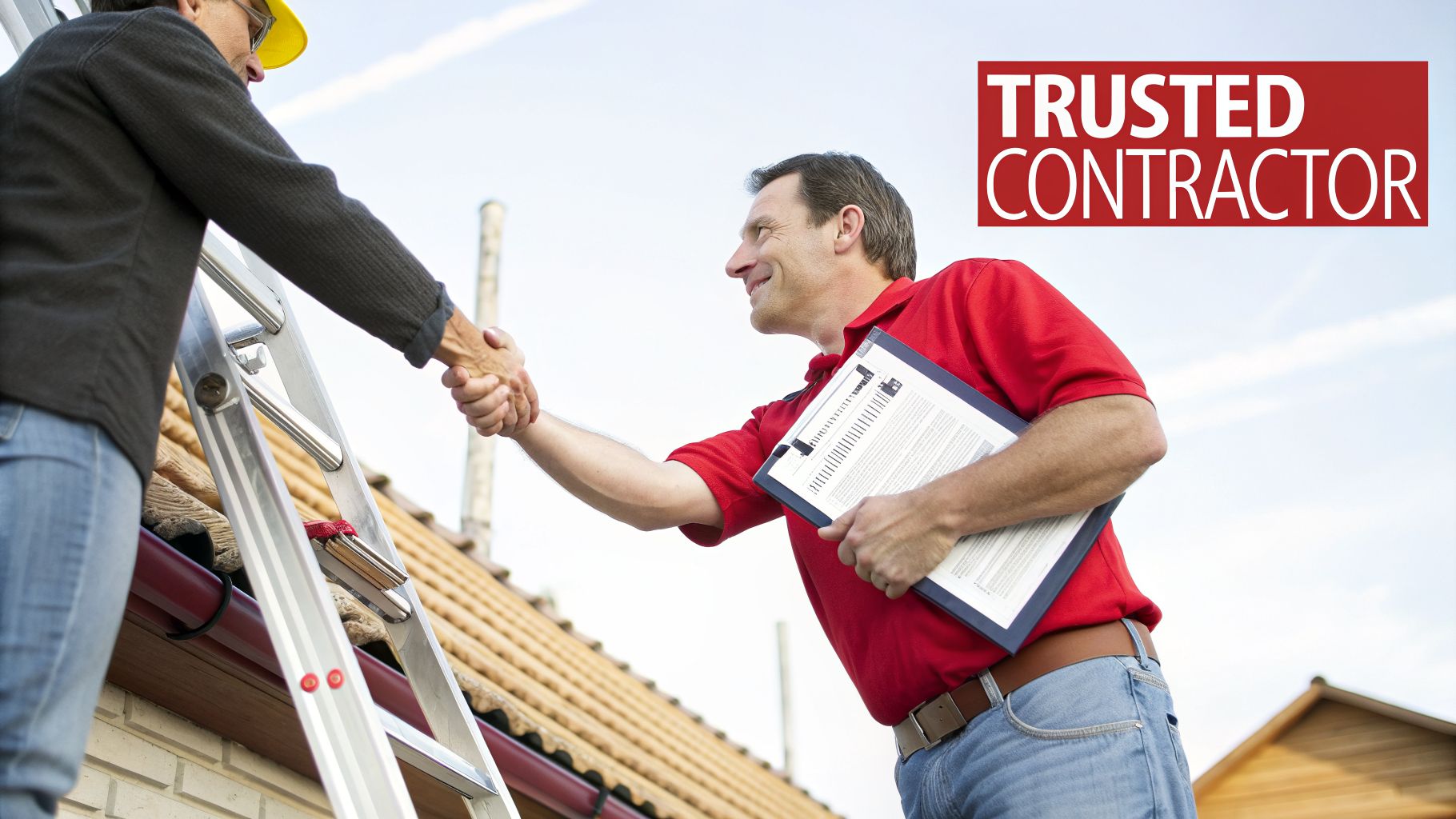 Two contractors shake hands on a roof, symbolizing trust and agreement for a job.
