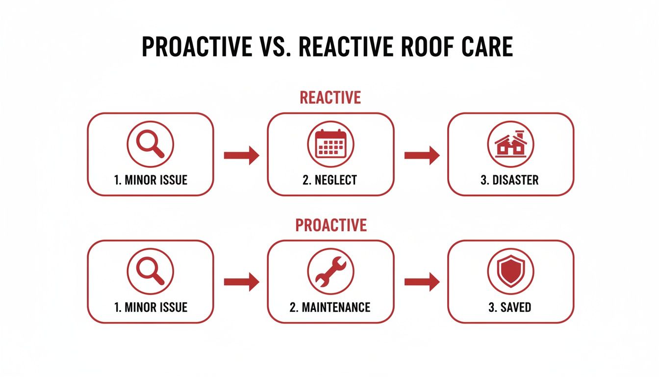 Diagram showing the difference between reactive and proactive roof care, leading to disaster or safety.