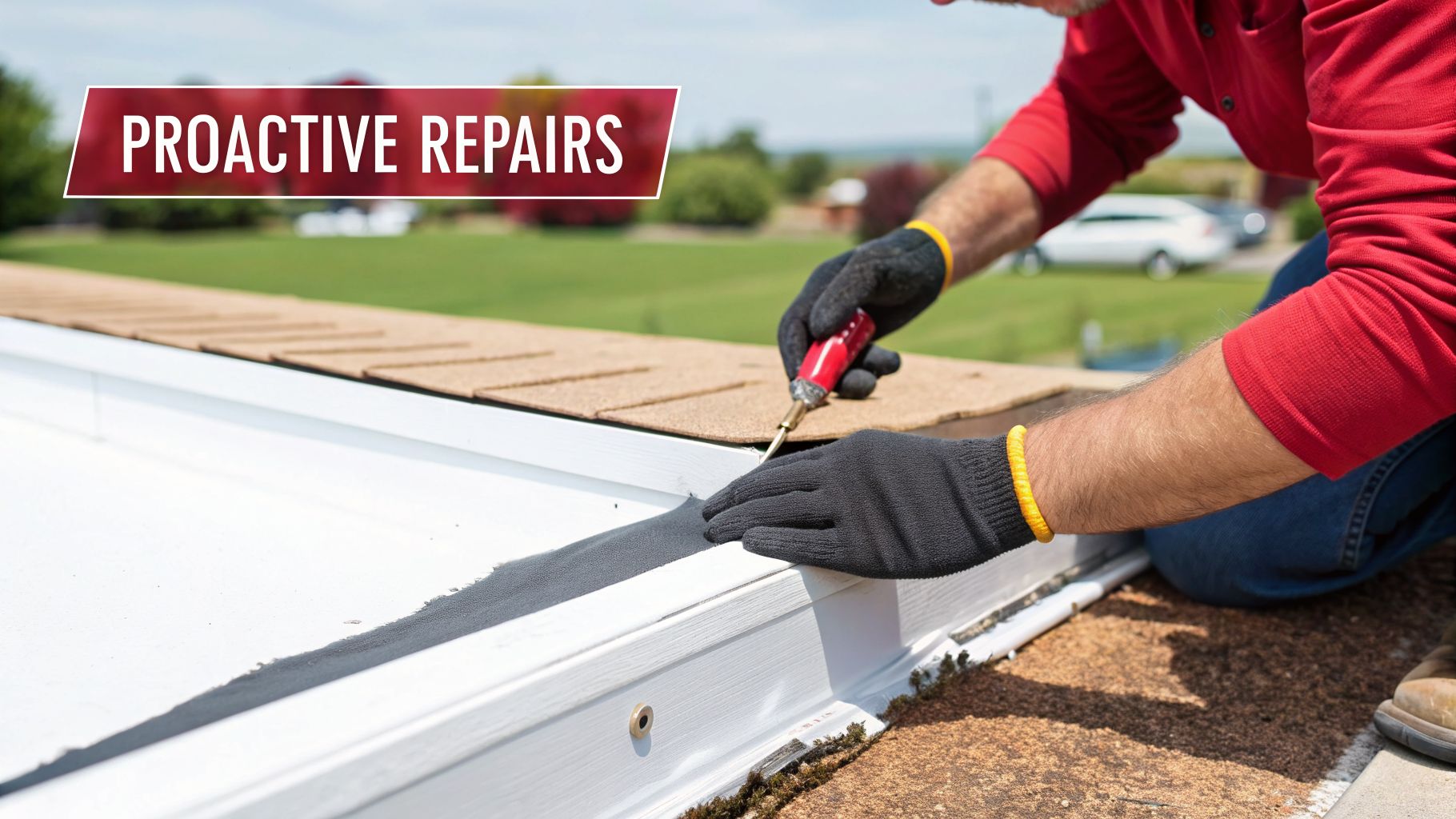 A person in black gloves performs proactive repairs on a commercial roof, applying sealant to a white edge.