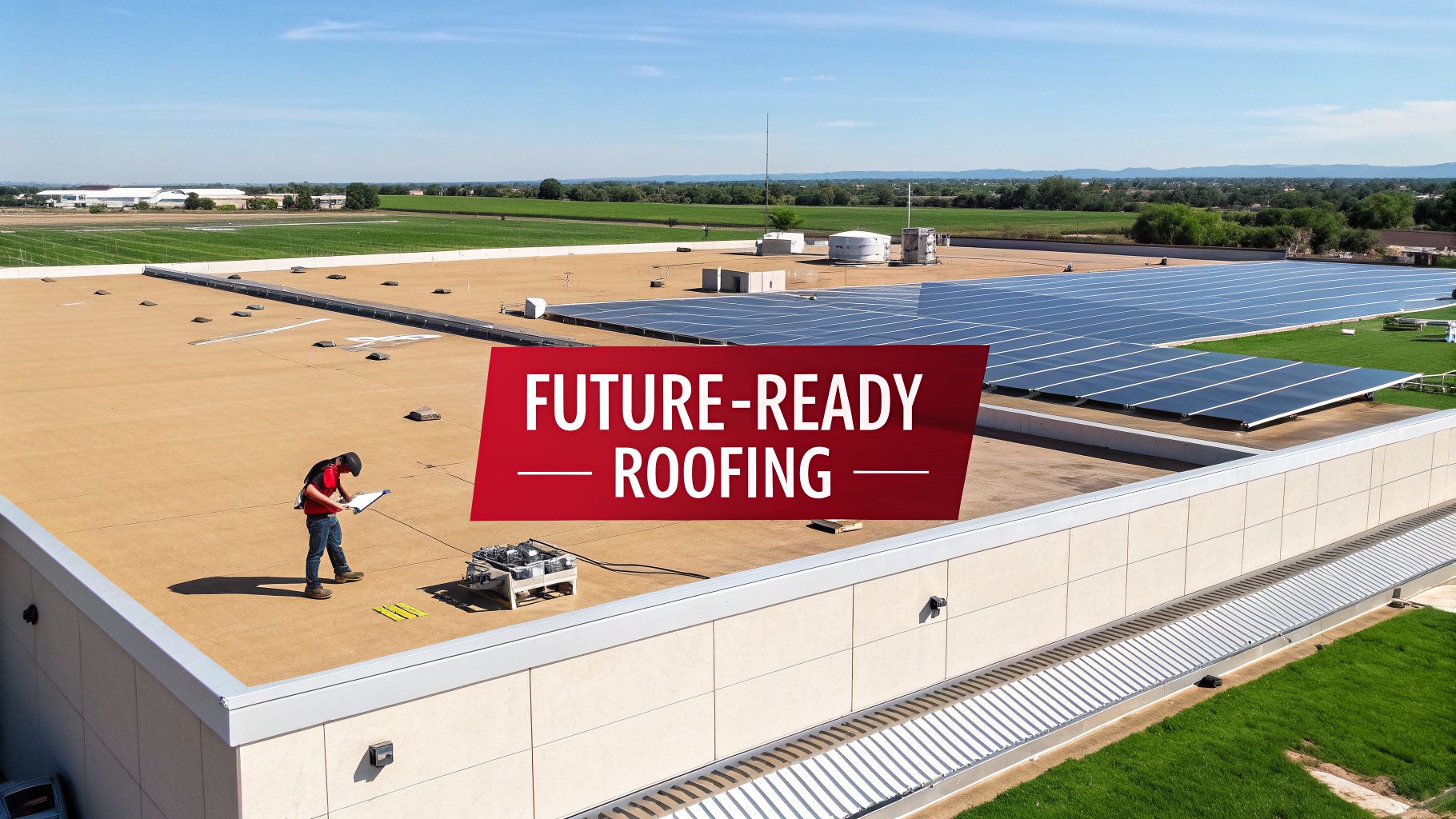 A worker inspects a large commercial rooftop featuring numerous solar panels and a 'Future-Ready Roofing' banner.