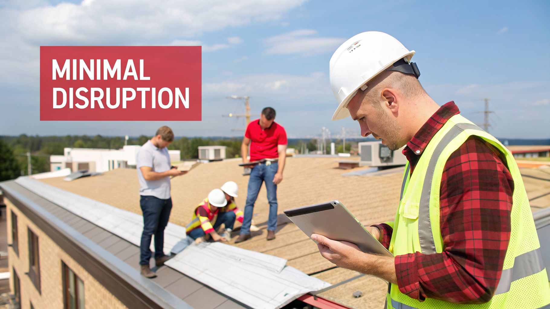 Supervisors and workers on a commercial building roof, performing an inspection with a tablet.