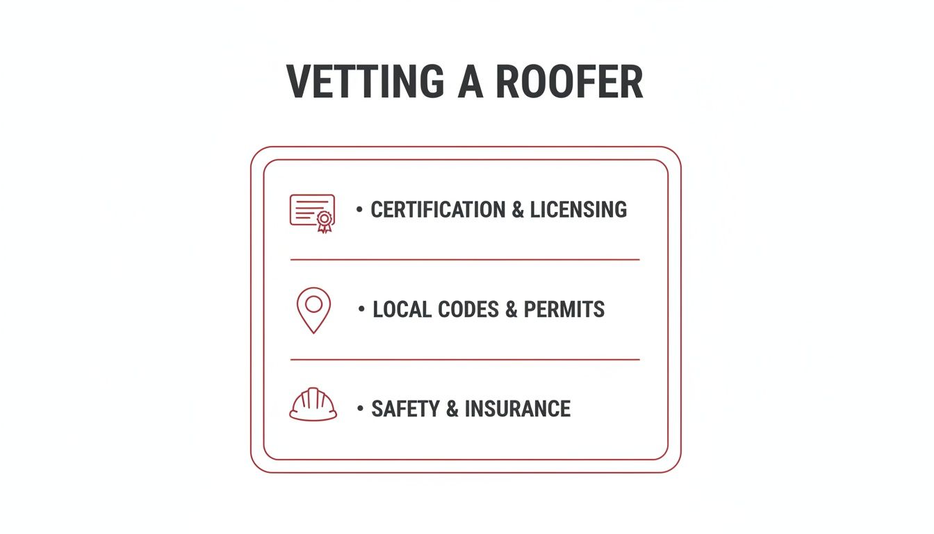 Infographic showing essential steps for vetting a roofer, including certification, permits, and insurance.