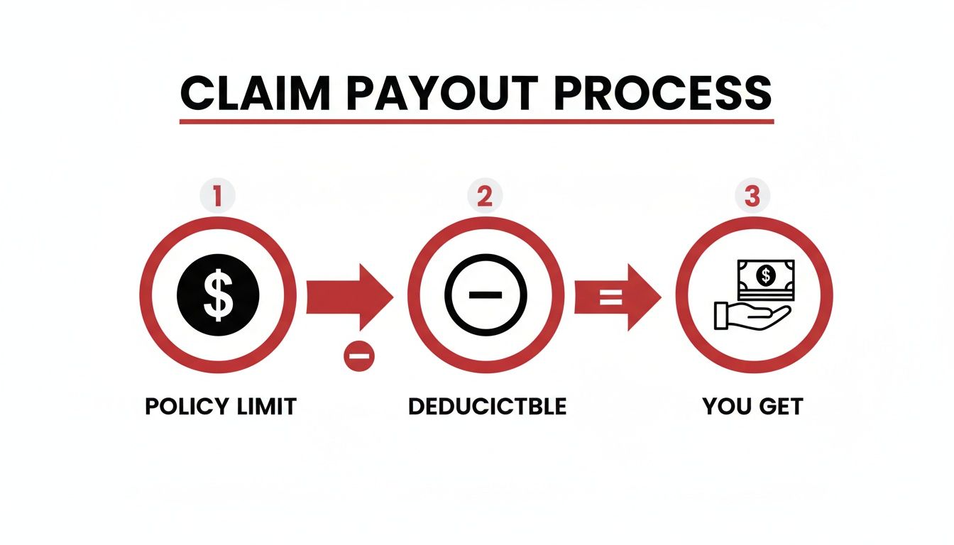 Infographic illustrating the claim payout process: Policy Limit minus Deductible equals your payout.