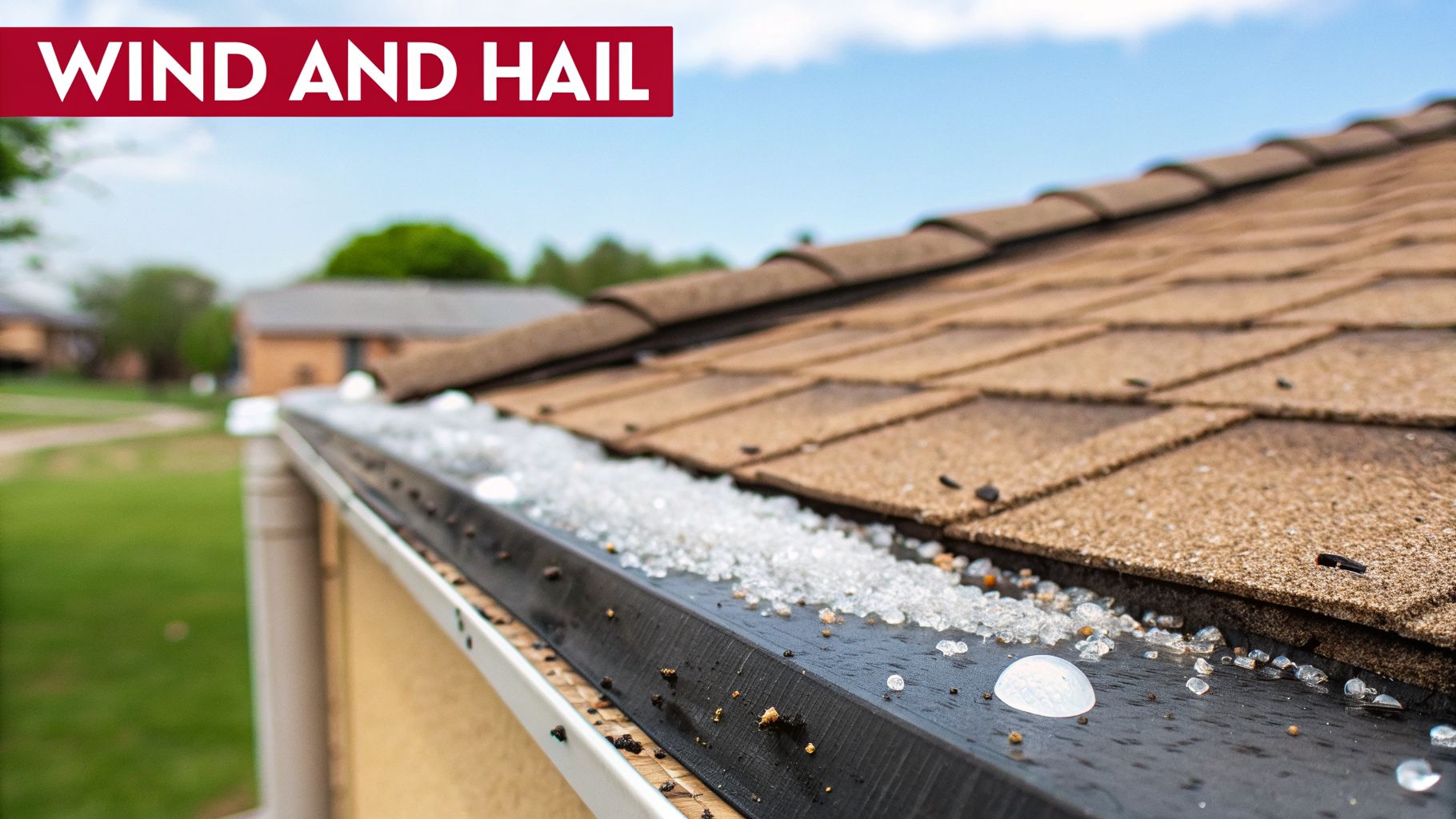 Close-up of a house roof and gutter filled with hail and debris after a storm.