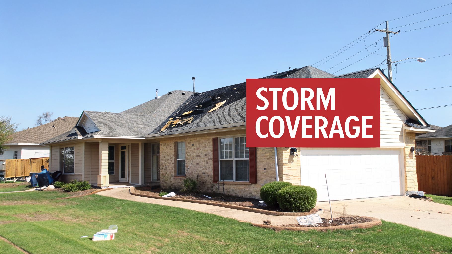 A suburban house with a partially destroyed roof from storm damage, featuring a "STORM COVERAGE" overlay.