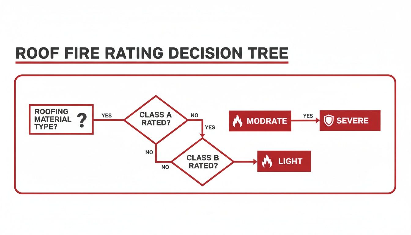 A decision tree flowchart illustrating roof fire rating classification based on material type and fire class ratings.