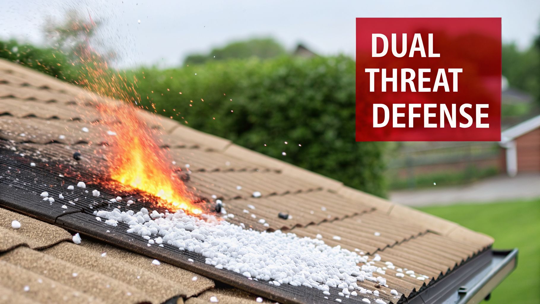 A roof on fire with white protective granules scattered, displaying 'DUAL THREAT DEFENSE' text.