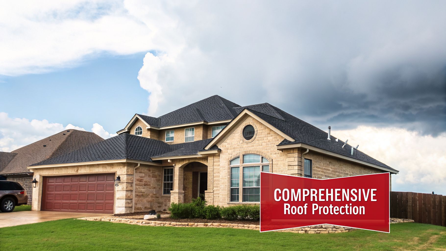 Modern house with a dark shingle roof and stone facade under a cloudy sky, promoting roof protection.