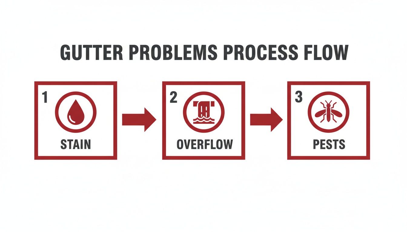 Flowchart illustrating the progression of gutter problems: stains, overflow, and pests.