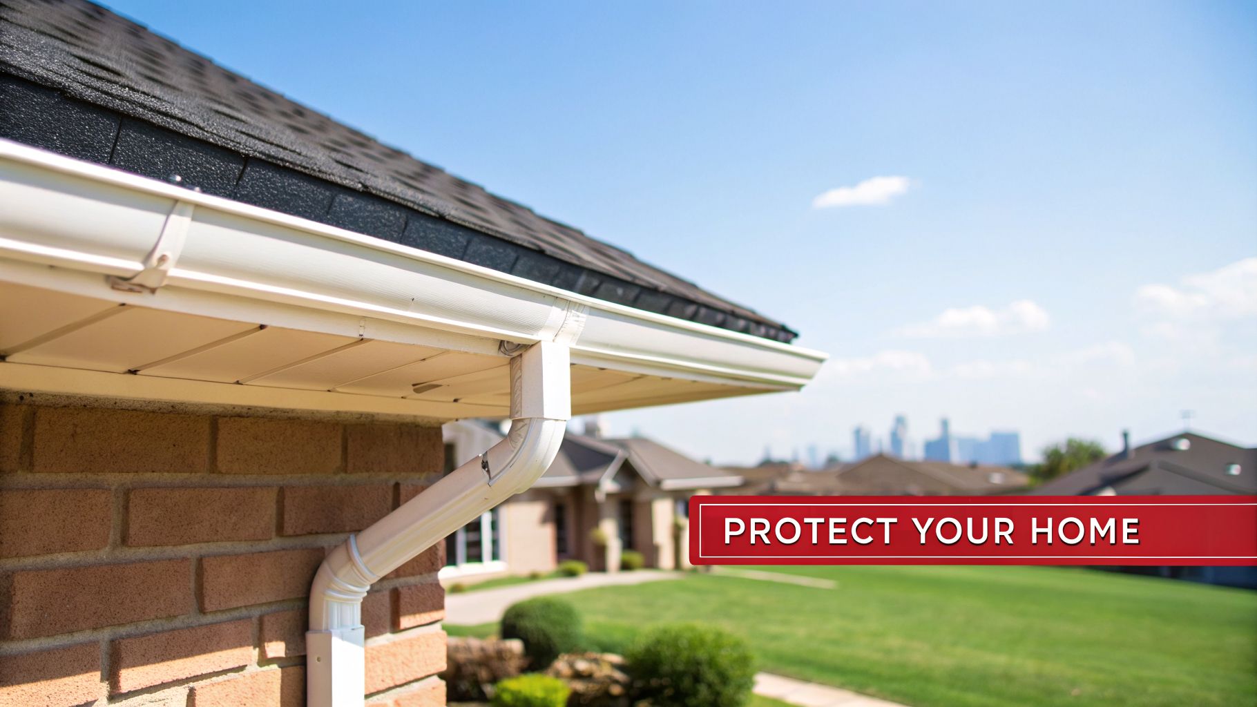 White gutters and downspout on a brick house with a dark roof under a clear blue sky, emphasizing home protection.